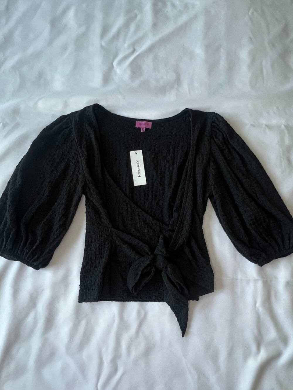 Boho Peasant Francesca's Mi Ami Black Top Size XS 3/4 Sleeve Front Tie NWT - Picture 3 of 15